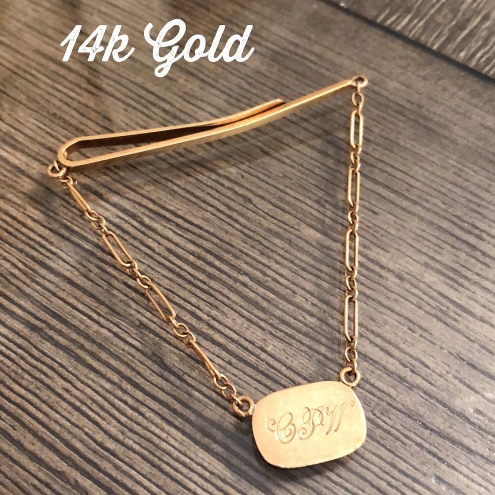 Vintage 14k Gold Tie Clip Chain & Initials “CPW”